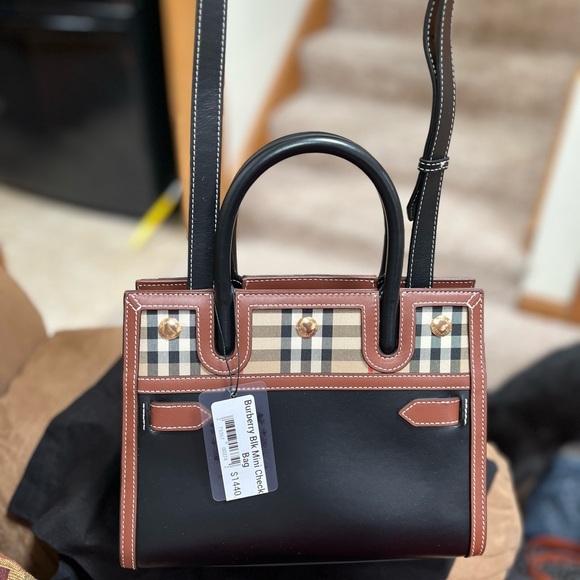Burberry Handbags - Burberry Black Leather Satchel with Haymarket Check and Brown Trim